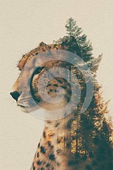 Surreal double exposure animal collage in vintage muted colours