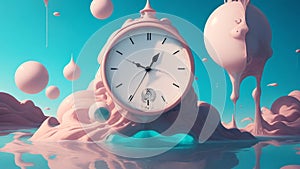 A surreal dreamscape with distorted, melting clocks and surreal, floating objects.