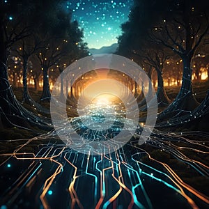 Surreal dreamscape of intricate, interconnected circuit lines, technology and nature have melded seamlessly together photo