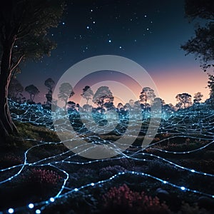 Surreal dreamscape of intricate, interconnected circuit lines, technology and nature have melded seamlessly together photo