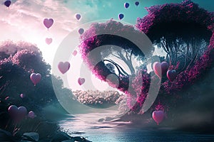 Surreal dreamy valentine`s day nature landscape. Pink valentine heart shape of forest tree with flowers. Fantasy abstract love