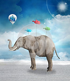 Surreal elephant with a balloon and origami birds