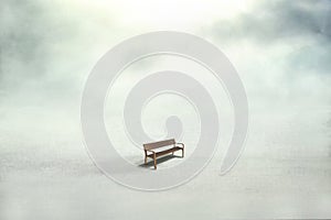 Surreal empty bench, concept of loneliness and symbol of sociality and meeting
