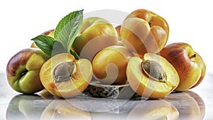 A Surreal Exploration of Apricots Dreamlike CloseUps of Halved Fruit Stones and Textures on a Pristine White Background photo