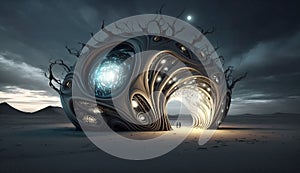 Surreal extraterrestrial artistic structure with glowing lights. Generative AI