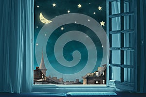 Surreal fairy tale art background, view from room with open window, night sky with moon and stars