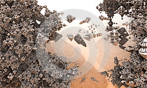Surreal falling or floating stones, particles, elements in foggy sandy perspective.