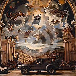 A surreal scene where a rugged black SUV contrasts with an ethereal backdrop, featuring a medieval battle scene on the ceiling and photo