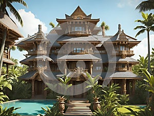 A surreal fantasy design of luxurious house mixed with Victorian style. Ideal real estate, vacation destinations, and modern