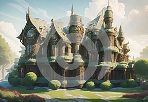 A surreal fantasy design of luxurious house mixed with Victorian style. Ideal real estate, vacation destinations, and modern