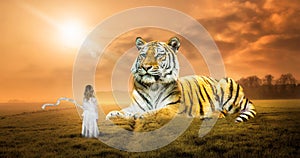 Surreal Fantasy Dream, Tiger, Nature, Girl, Imagination