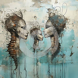 surreal Fantasy Face and Seahorse Mixed Media art