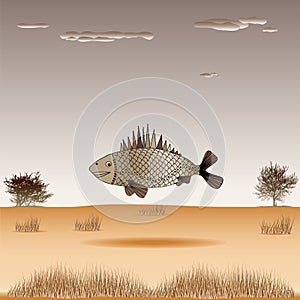 A surreal fish flying over the desert and a shallow-growing shrub.