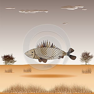 A surreal fish flying over the desert and a shallow-growing shrub.