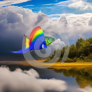 A surreal fish with wings, gliding through a sky filled with fluffy clouds and vibrant rainbows1, Generative AI
