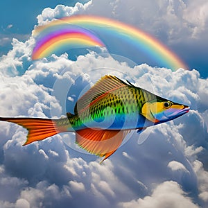 A surreal fish with wings, gliding through a sky filled with fluffy clouds and vibrant rainbows3, Generative AI