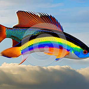 A surreal fish with wings, gliding through a sky filled with fluffy clouds and vibrant rainbows4, Generative AI