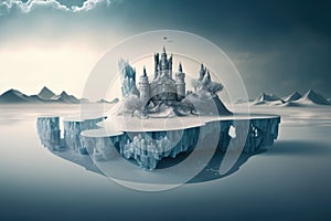 a surreal float island with a castle made of ice in the middle of a frozen lake.