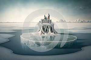 a surreal float island with a castle made of ice in the middle of a frozen lake.