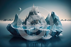 the surreal float island, with a castle made of ice and snow in the middle