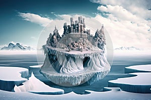 the surreal float island, with a castle made of ice and snow in the middle