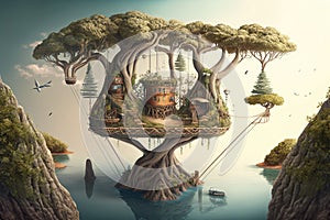 a surreal float island with a forest of treehouses, connected by rope bridges.