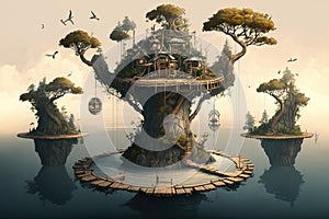 a surreal float island with a forest of treehouses, connected by rope bridges.