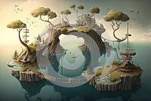 a surreal float island with a forest of treehouses, connected by rope bridges.