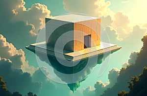 Surreal Floating Cube House in the Clouds