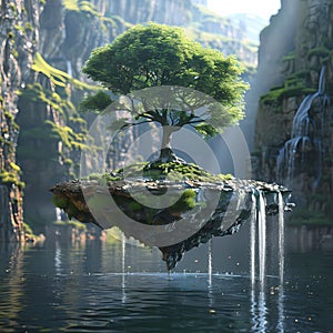 Surreal Floating Island with Tree and Waterfall in Atmospheric Valley Landscape Painting