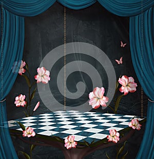 Gothic stage with surreal flowers