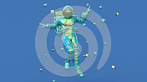 Surreal flying astronaut or cosmonaut or spaceman in space suit, futuristic sci-fi cosmic galactic background, 3d render modern tr