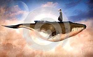 Surreal Flying Humpback Whale and a Woman on Top