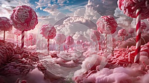 surreal food paradise, a magical forest with candy cane trees, cotton candy clouds, and chocolate river streams, a