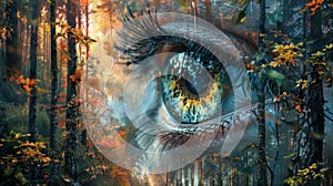 surreal forest eye, in the forest, a large, colorful eye appears in the trees, creating a psychedelic illusion of