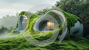Surreal fusion nature and architecture converge in unique meadow house rendering photo