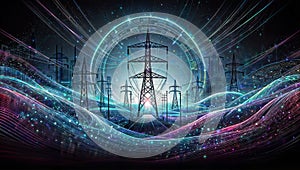 Surreal Power Grid: Glowing Transmission Towers in a Cosmic Realm, generative ai
