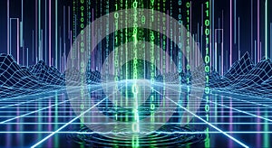 Abstract Digital Landscape with Binary Code Stream, Futuristic Technology Background