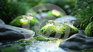 surreal garden with glowing moss and floating rocks .