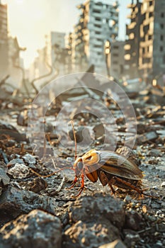Surreal Giant Cockroach Roaming an Urban Wasteland at Sunset Post Apocalyptic Cityscape Insects