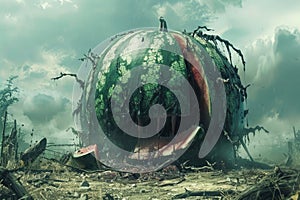 Surreal Giant Watermelon Landscape with Lonesome Figure and Dystopian Background