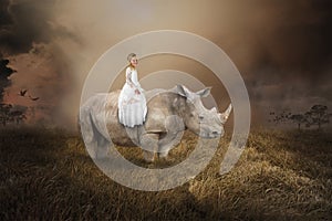 Surreal Girl Riding Rhino, Rhinoceros, Wildlife