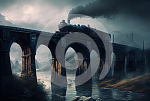 Surreal gloomy landscape with bridge and train. AI generated