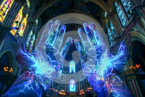 Surreal Glowing Hands with Electric Currents in Gothic Cathedral Interior