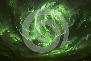 Surreal Green Nebula with Planets in Deep Space Cosmic Background for Fantasy Concepts