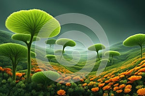 Surreal Green Treescape with Umbrella-Like Foliage and Flowers photo