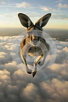 Surreal High Flying Kangaroo Soaring Above Clouds with Dynamic Sky Background in Dreamy Fantasy Scene photo