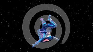 Surreal holographic astronaut or cosmonaut or spaceman in space suit, futuristic sci-fi cosmic galactic background, 3d render mode