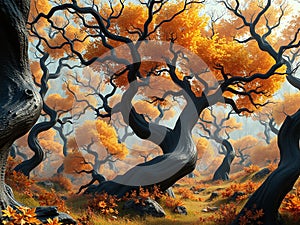 surreal, hyperrealistic, 3D, glossy autumn glory enchanted forest with twisted and bent trees - generated by ai