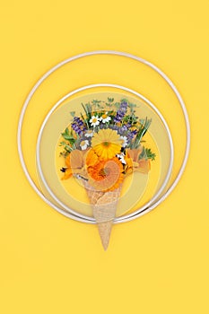 Surreal Ice Cream Waffle Cone Concept with Summer Flora and Herb